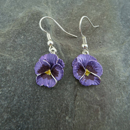 Pansy Purple Flower Drop Hook Earrings