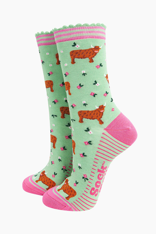 Women's Bamboo Socks - Green, Highland Cow Floral Meadow: UK 3-7 | EU 36-40 | US 5-9