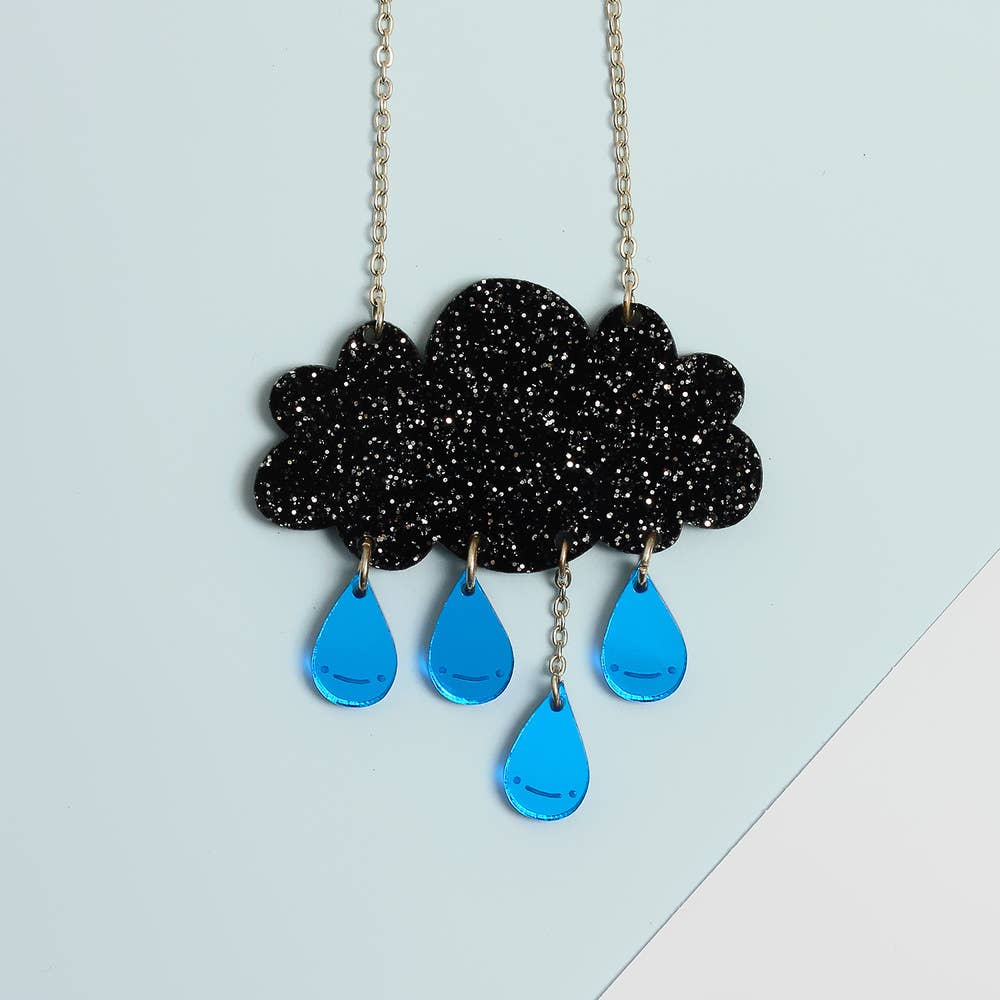 Glitter Raincloud Necklace in Black & Blue