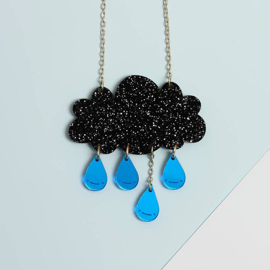 Glitter Raincloud Necklace in Black & Blue