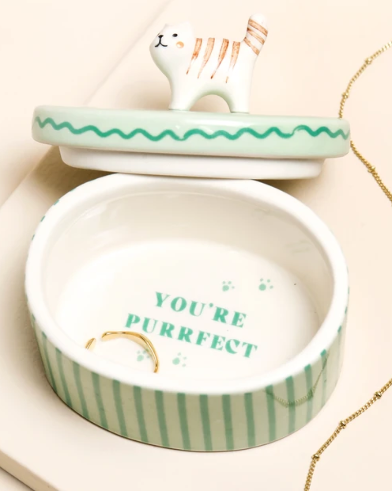 Cat Green Oval Ceramic Trinket Pot