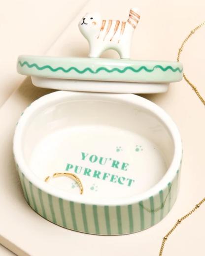 Cat Green Oval Ceramic Trinket Pot