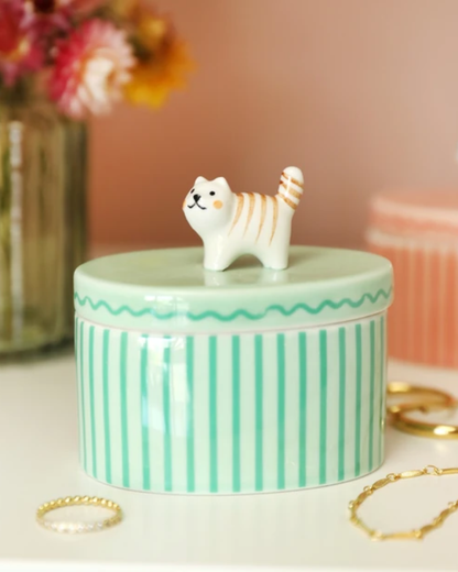 Cat Green Oval Ceramic Trinket Pot