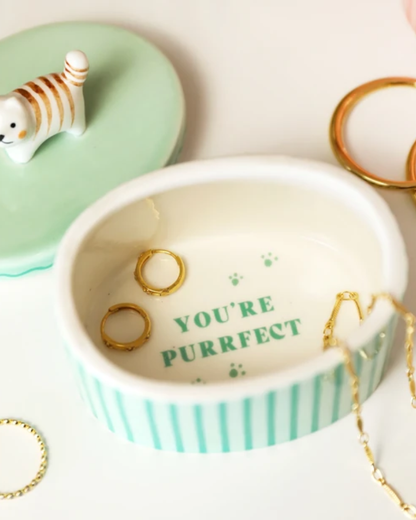 Cat Green Oval Ceramic Trinket Pot