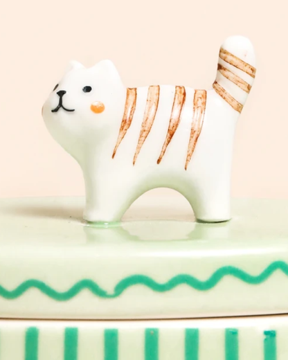 Cat Green Oval Ceramic Trinket Pot