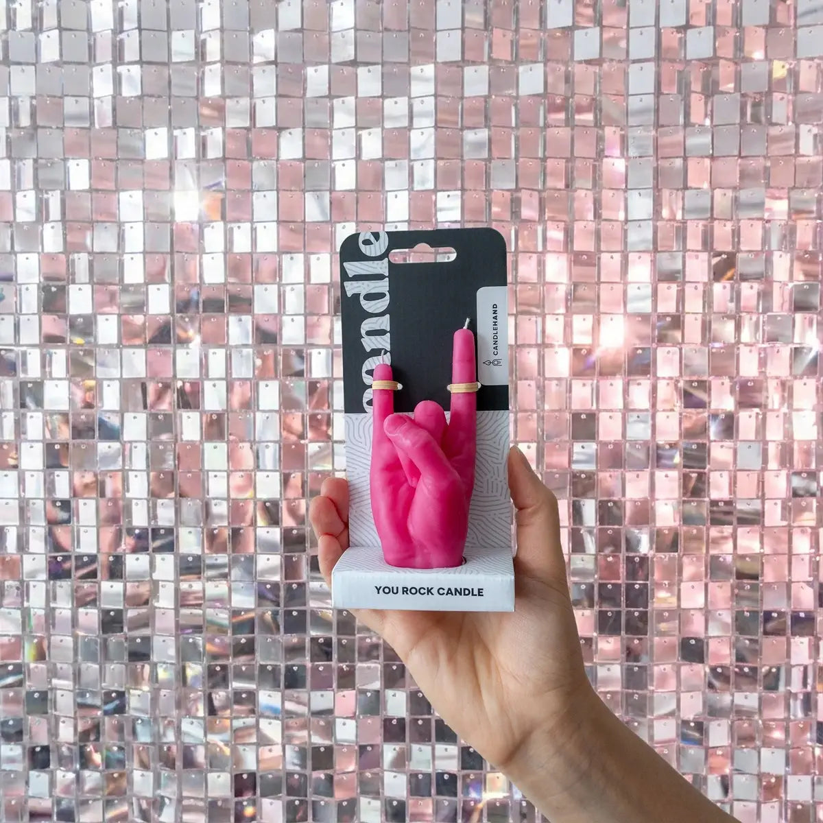 Small You Rock Hand Gesture Candle in Pink
