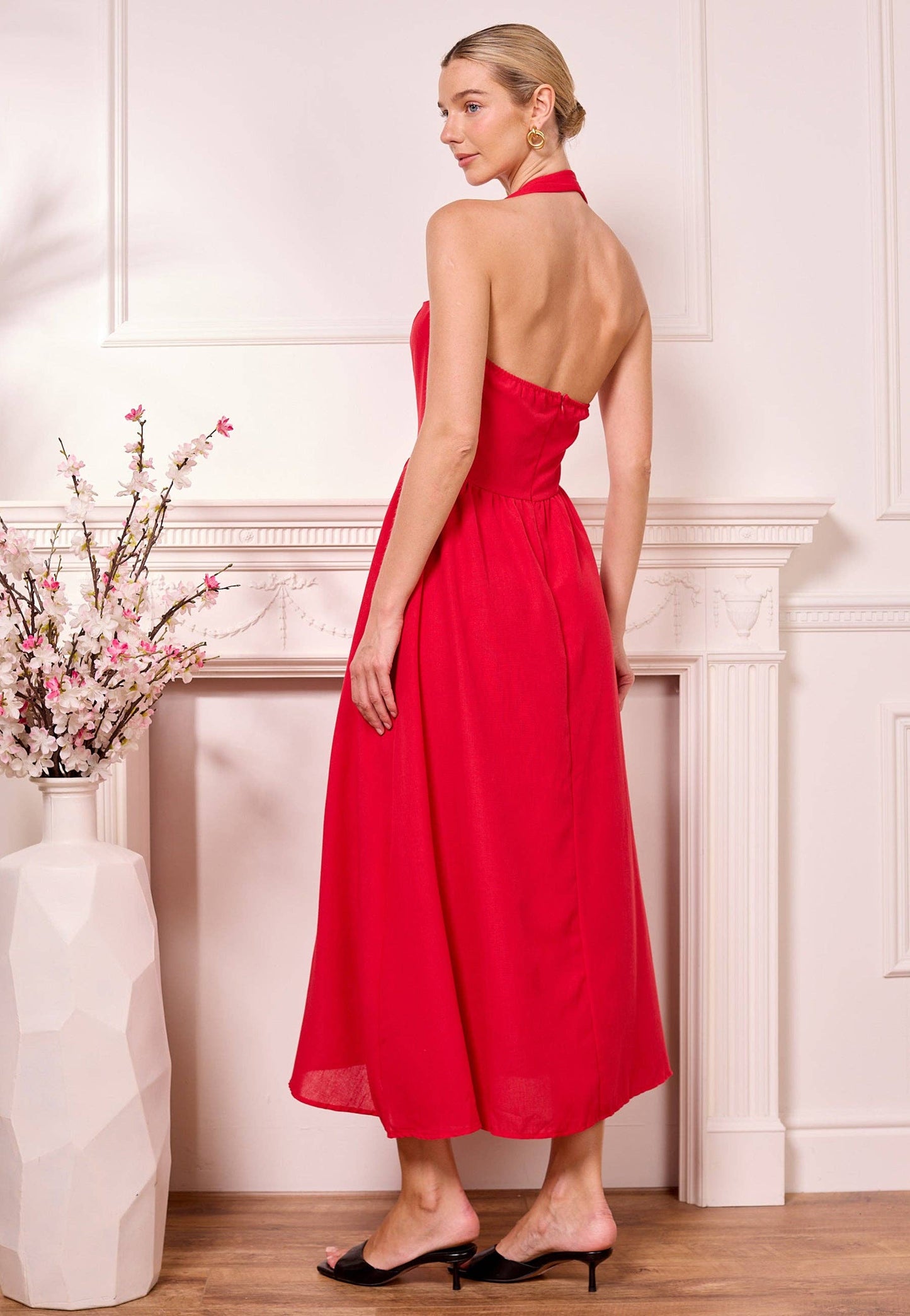 Red Halterneck Drop-Waist Midi Dress