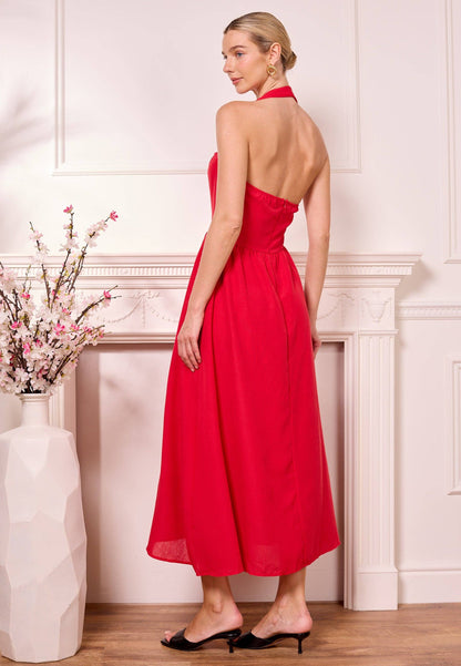 Red Halterneck Drop-Waist Midi Dress