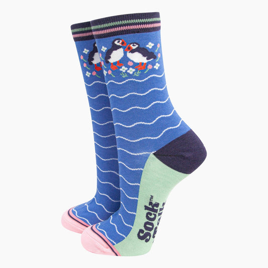 Women's Bamboo Socks - Blue, Puffins and Flowers: UK 3-7 | EU 36-40 | US 5-9