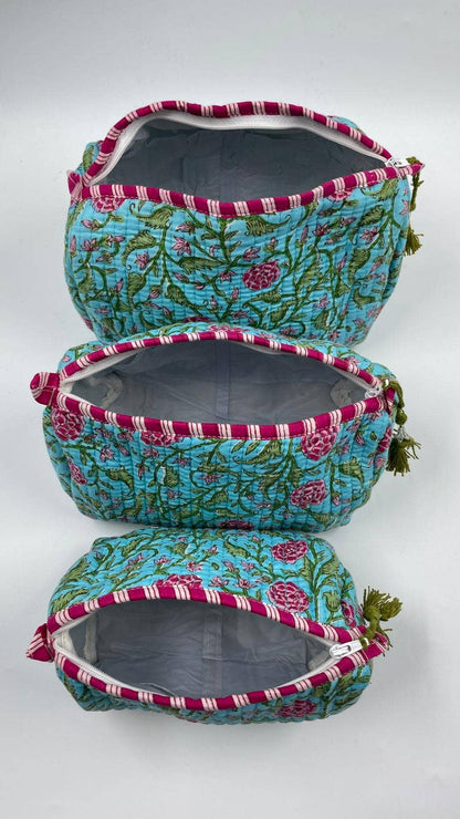 Blue Quilted Flower Wash Bag in Assorted Sizes