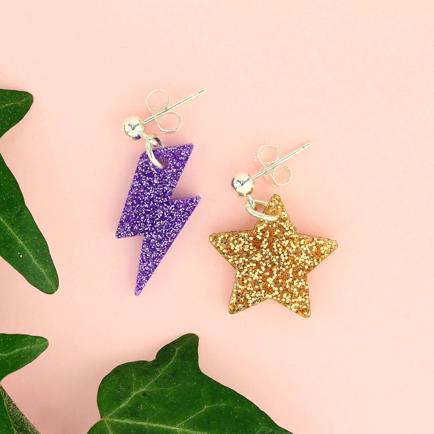 Lightning & Gold Star Glitter Studs in Lilac & Gold