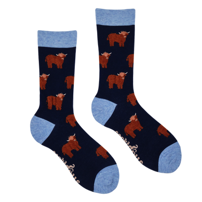 Fluffy Coo Highland Cow Unisex Socks in Navy