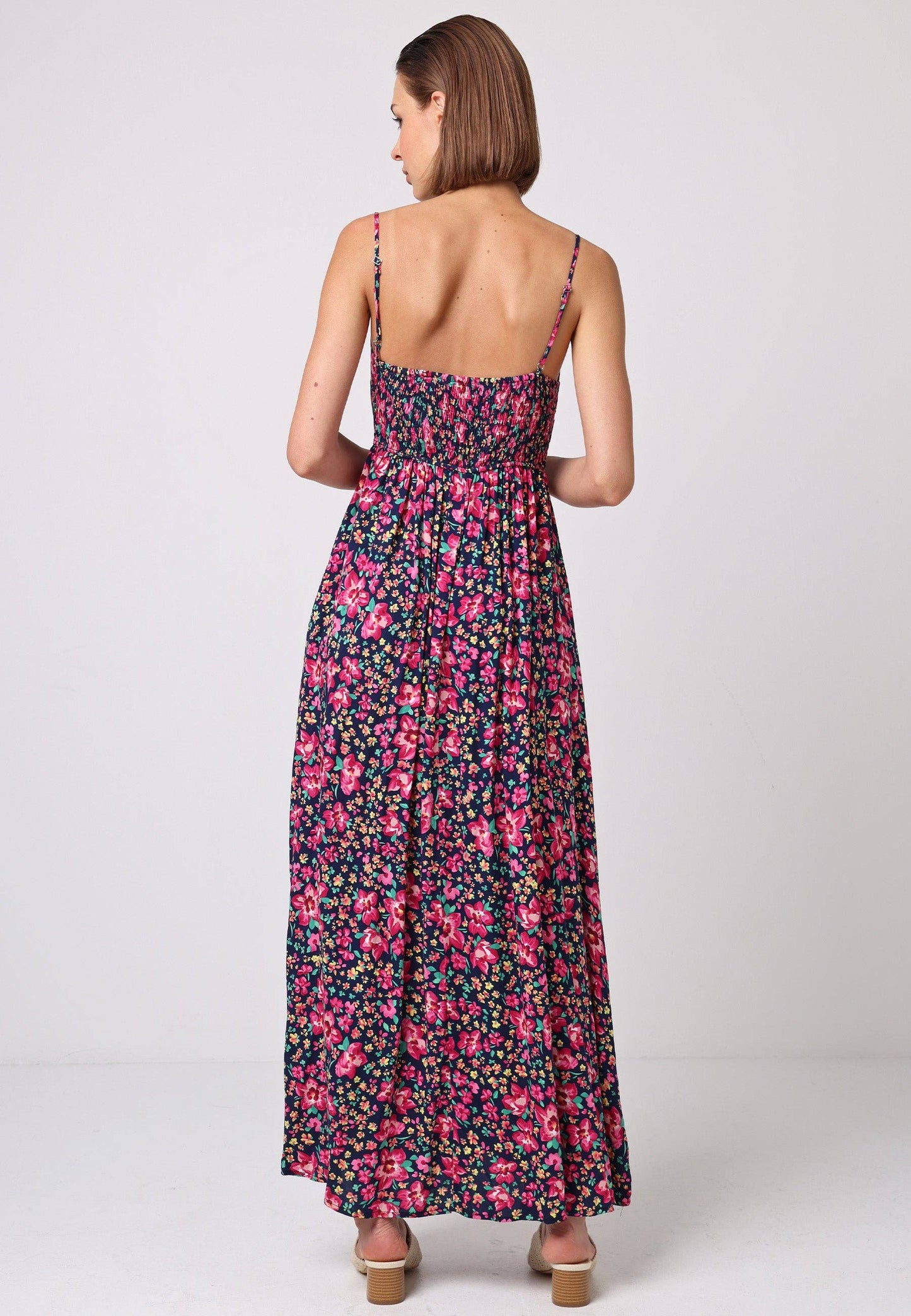 Floral Cami Shirred Back Button Detail Maxi Floral Dress
