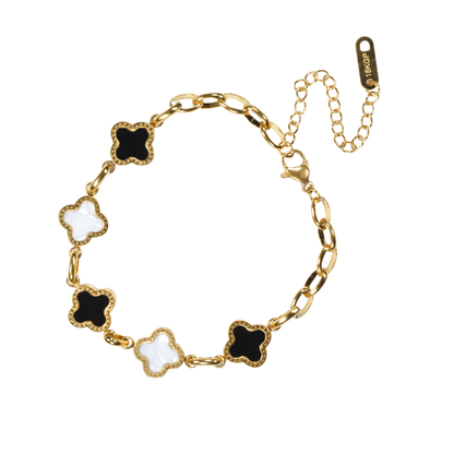 Black and White Four Leaf Clover Bracelet 18K Gold Plated