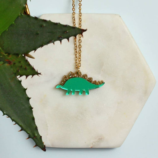 Stegosaurus Charm Necklace in Green & Gold