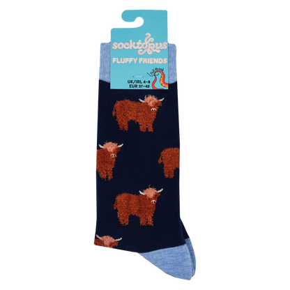 Fluffy Coo Highland Cow Unisex Socks in Navy