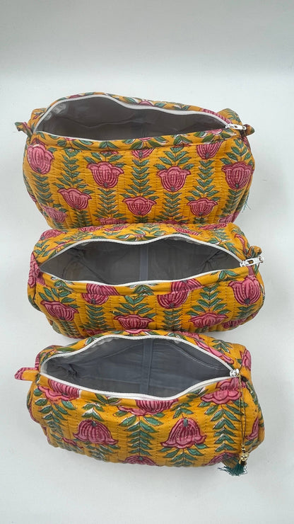 Yellow Quilted Flower Wash Bag in Assorted Sizes