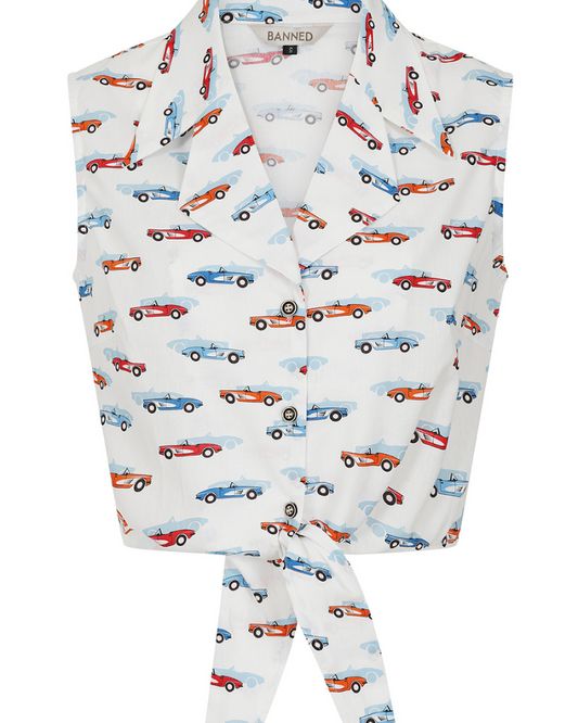 Sandy Retro Car Tie Front Blouse
