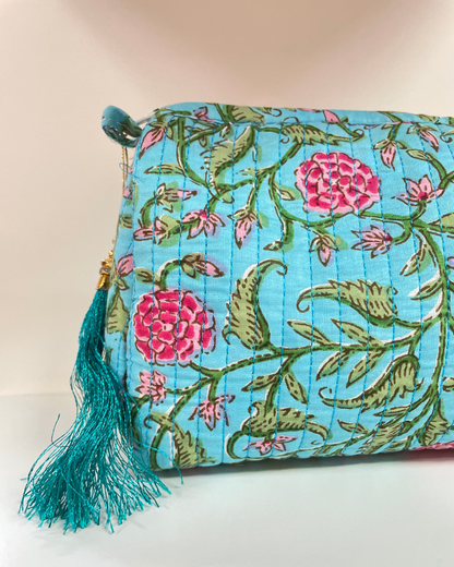 Blue Quilted Flower Wash Bag in Assorted Sizes
