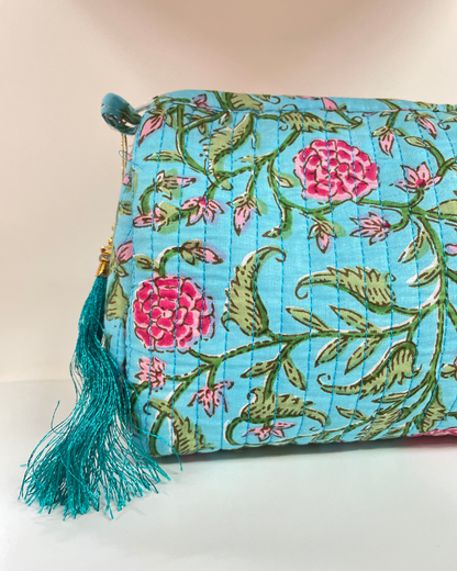 Blue Quilted Flower Wash Bag in Assorted Sizes