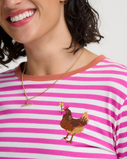 Chicken Flower Striped Brunswick Top