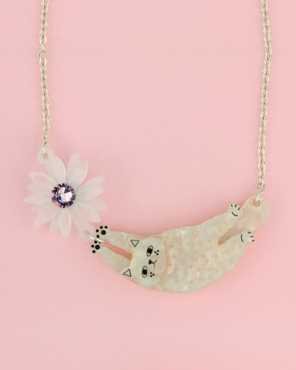 Cat & Big Flower Statement Necklace Cream