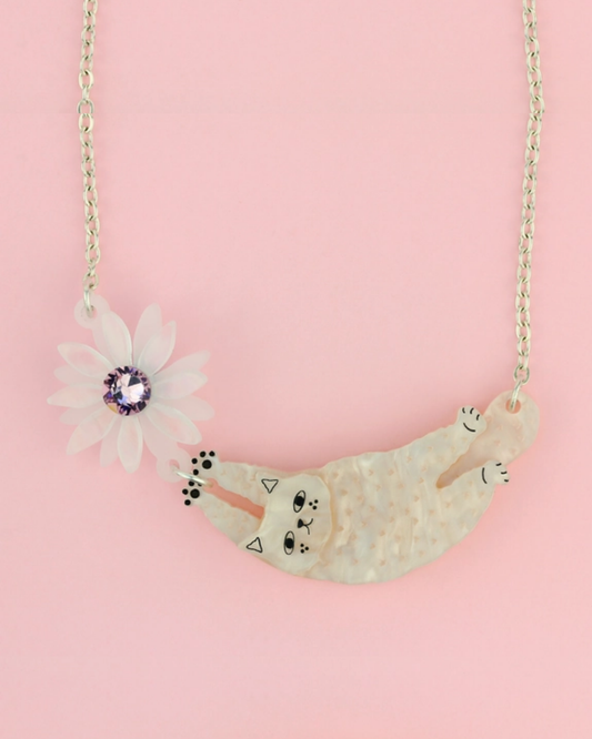 Cat & Big Flower Statement Necklace Cream