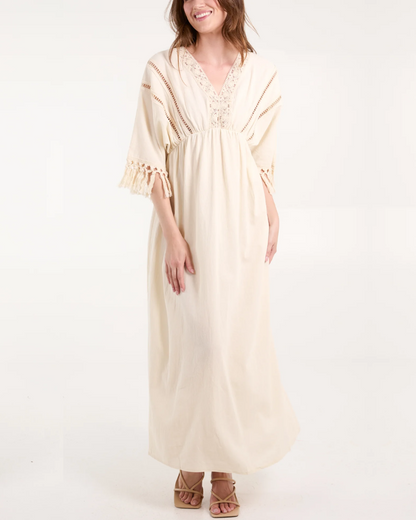 Crochet And Tassel Plunge Maxi Dress