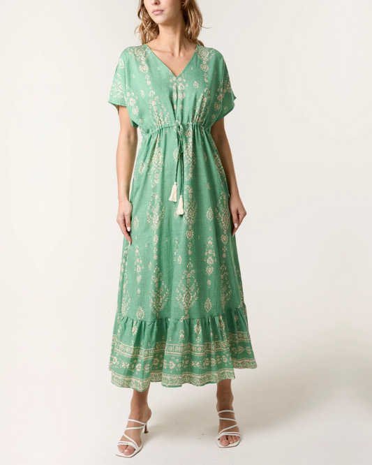 Damask Print V Neck Tassle Dress