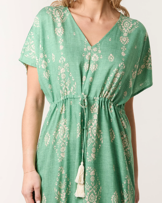 Damask Print V Neck Tassle Dress