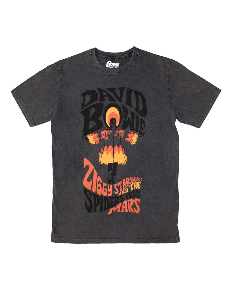Black t-shirt with David Bowie Ziggy Stardust design on a white background