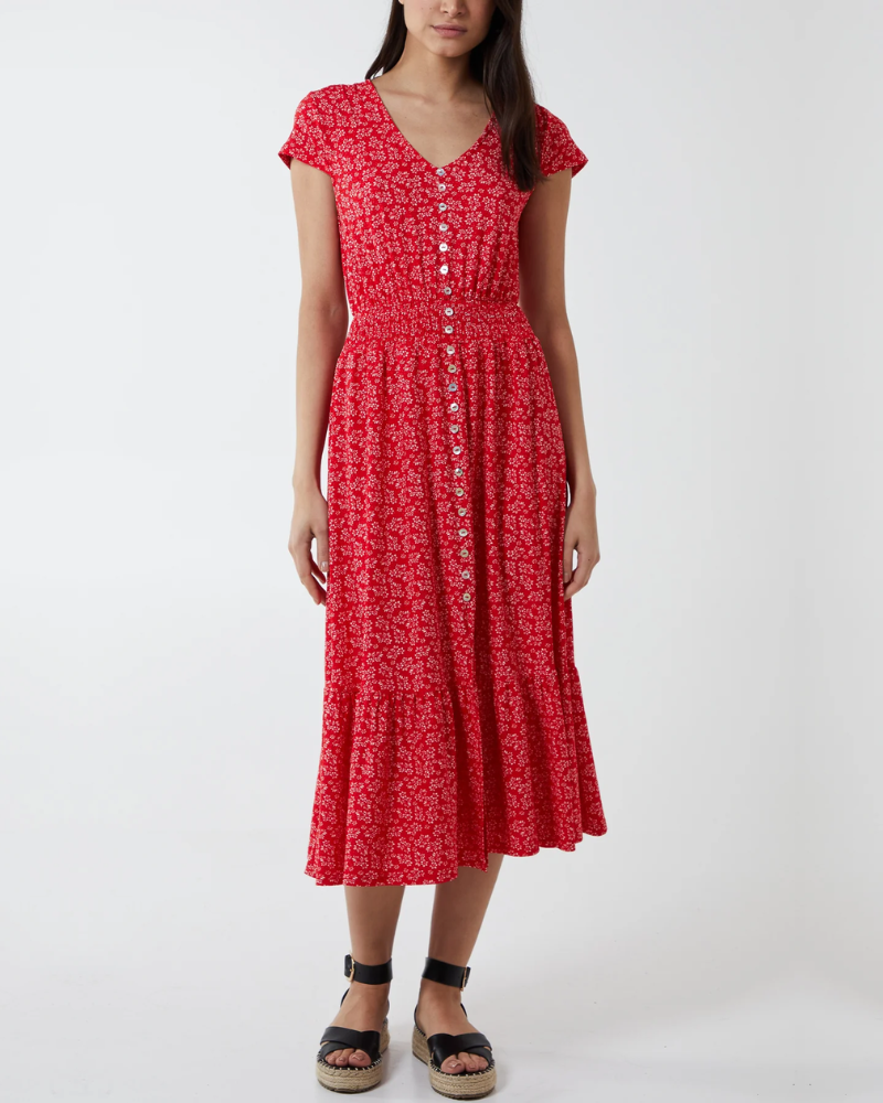 Ditsy Floral Button Through Midi Dress Red