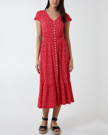 Ditsy Floral Button Through Midi Dress Red