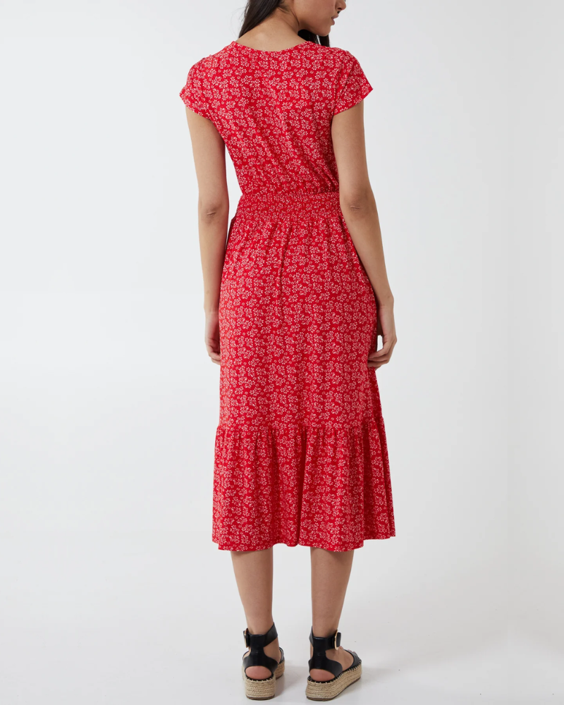 Ditsy Floral Button Through Midi Dress Red