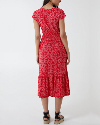 Ditsy Floral Button Through Midi Dress Red