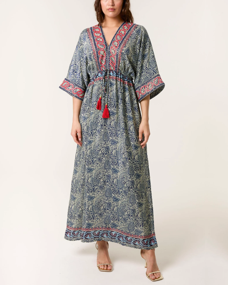 Embellished Paisley Print Kimono Dress