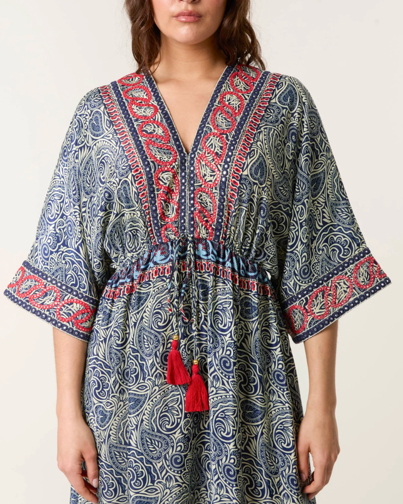 Embellished Paisley Print Kimono Dress