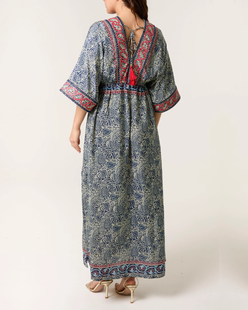 Embellished Paisley Print Kimono Dress