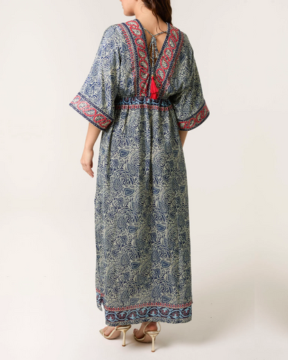 Embellished Paisley Print Kimono Dress