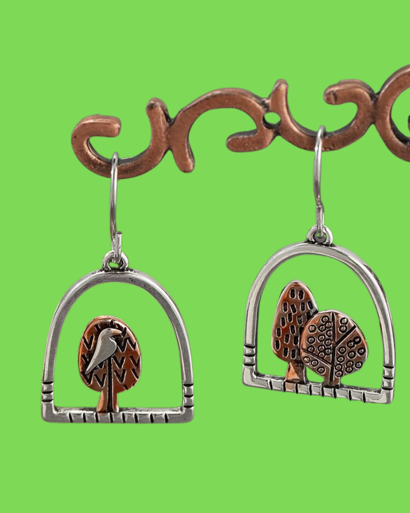 Mixed Metal Bird Tree Mismatch Earrings