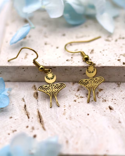 Art Deco Moth Brass Drop Earrings