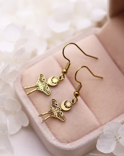 Art Deco Moth Brass Drop Earrings