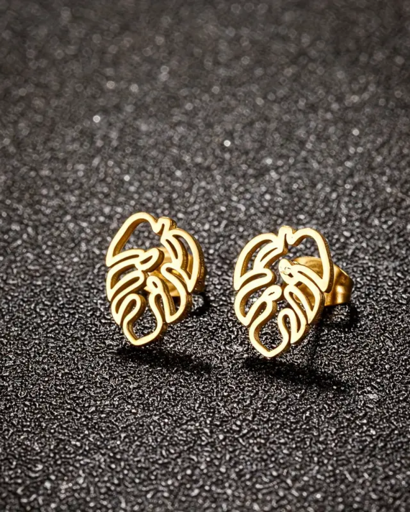 Outline Monstera Leaf Gold Stud Earrings