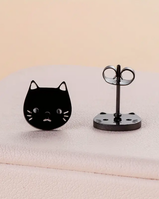 Black Kitty Cat Face Stud Earrings