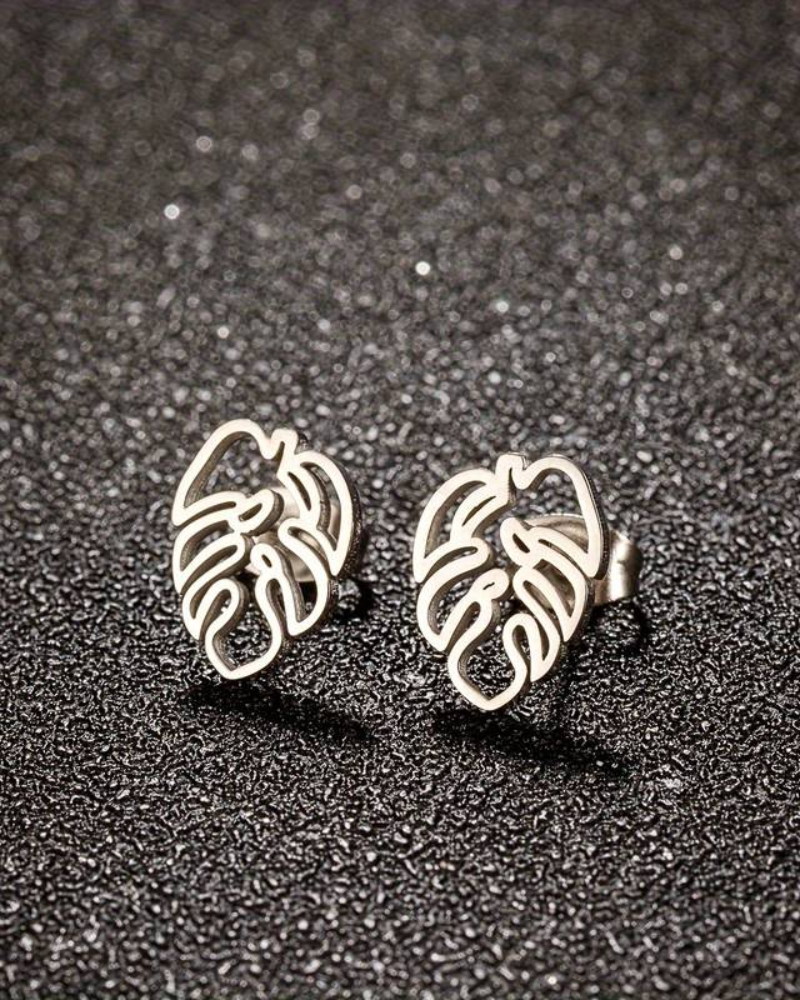 Tiny Outline Monstera Leaf Stud Earrings