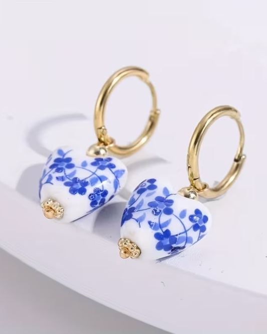 Porcelain Floral Heart Hoop Earrings