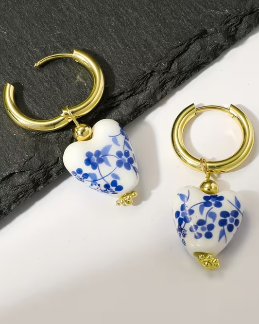 Porcelain Floral Heart Hoop Earrings