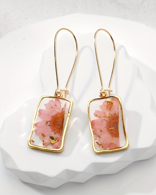 Real Flower Drop Earrings Gold Assorted