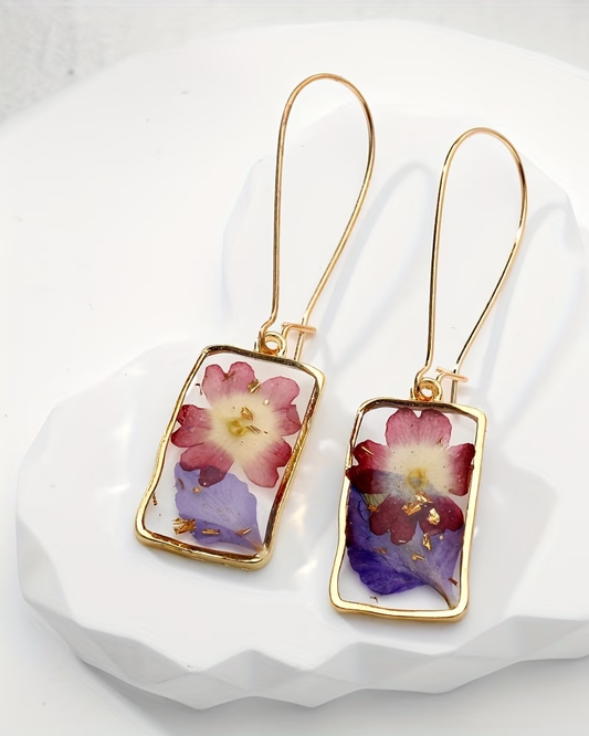 Real Flower Drop Earrings Gold Assorted