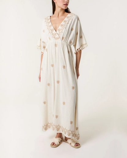 Embroidered Linen Tassels Maxi Dress
